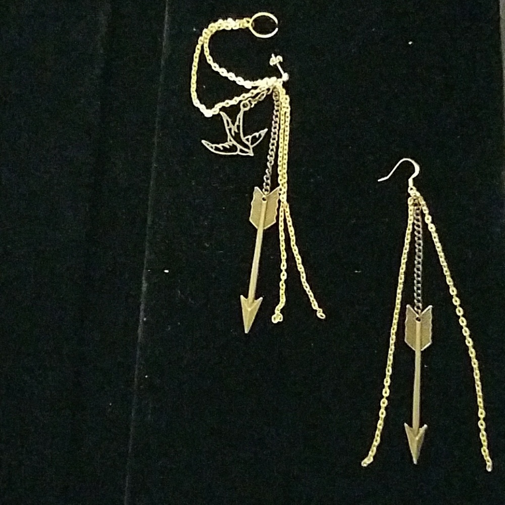 Earrings with bird, arrow and an ear cuff